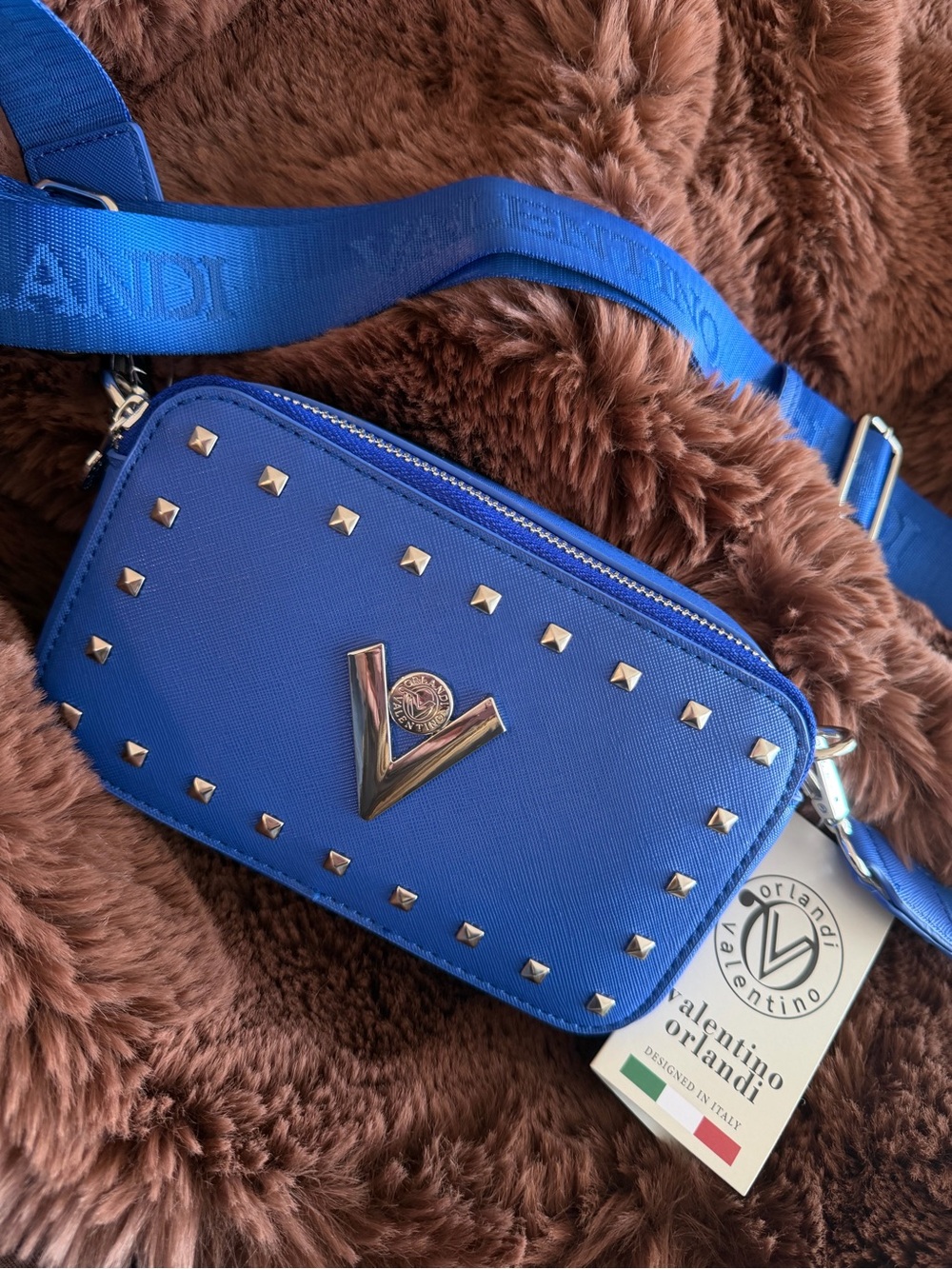 Valentino Orlandi Royal Blue Silver Studded V-3003 Camera Bag/Crossbody Purse